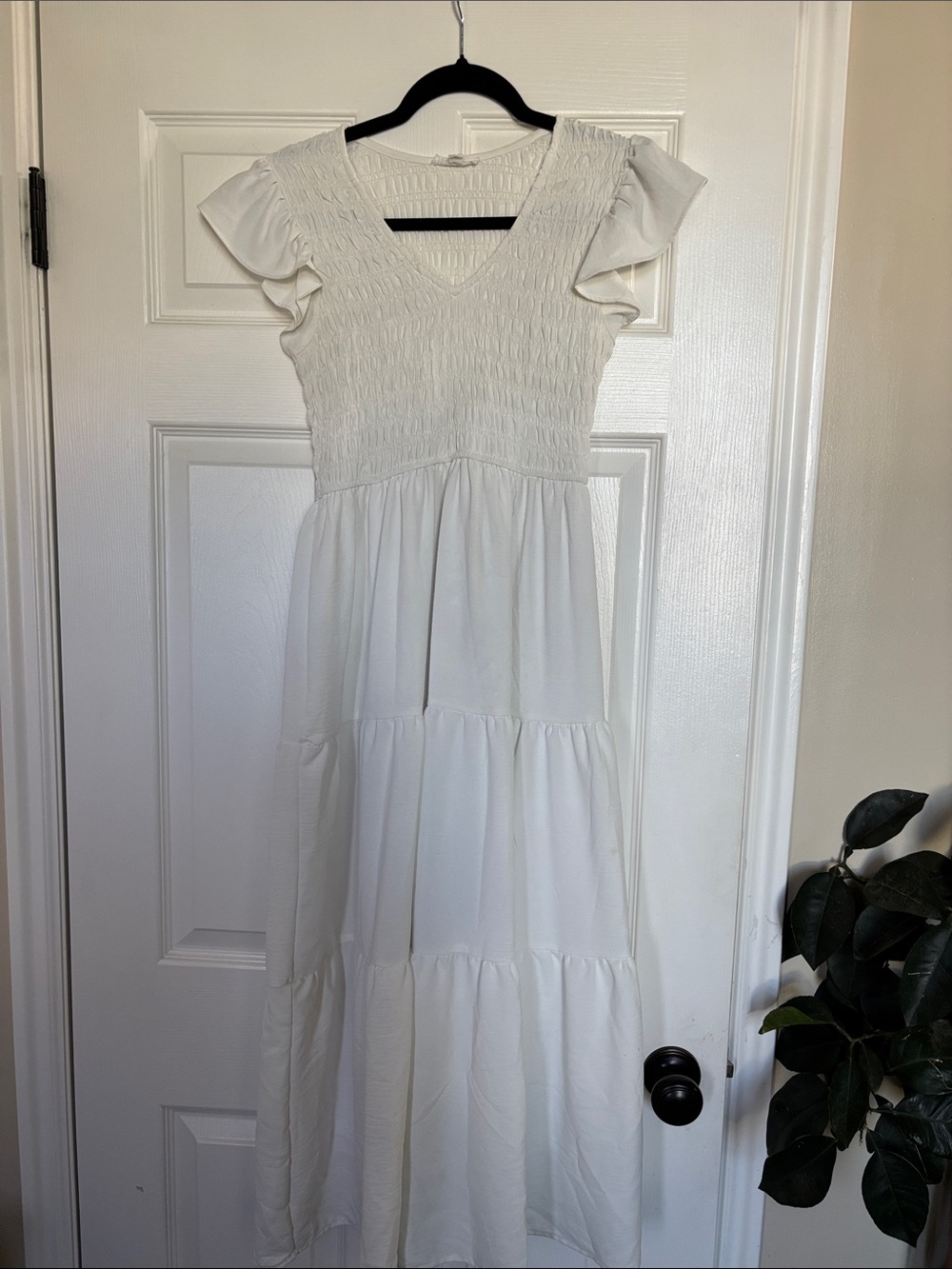 By the River Elegant White Smocked Maxi Dress with Flutter Sleeves